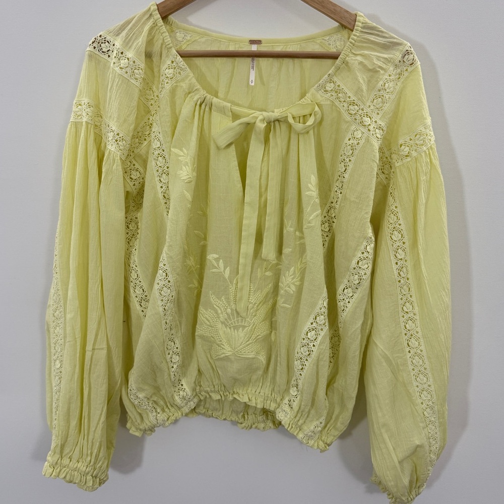 Free People Pale Yellow Embroidered Peasant Blouse